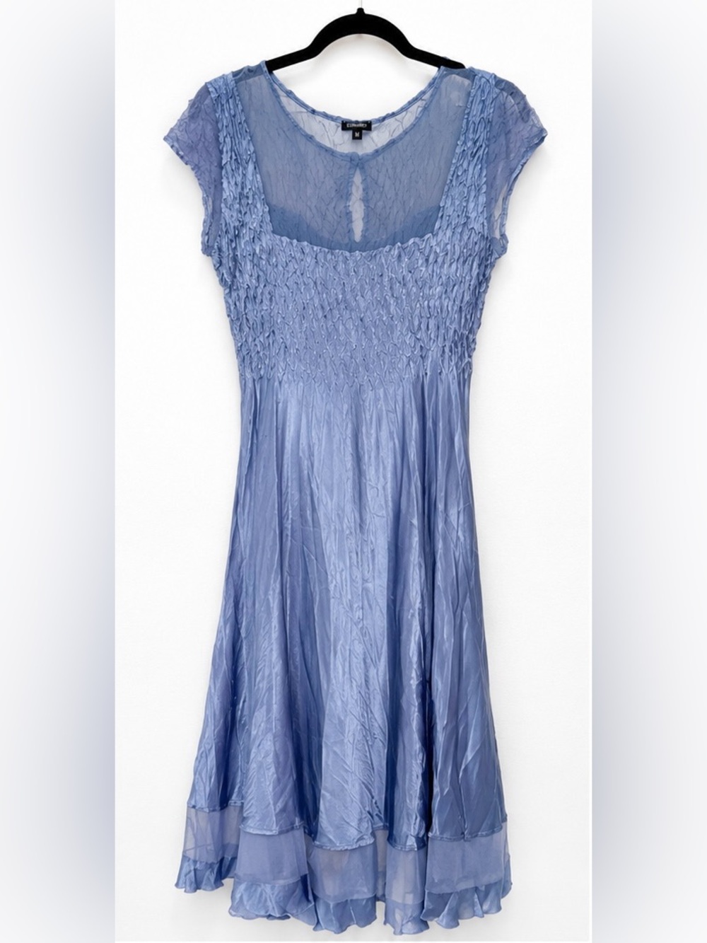 Komarov Blue Crinkled Chiffon Cocktail Dress Sheer Mesh Overlay Size M